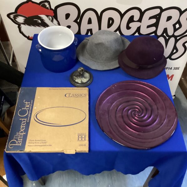 Pampered Chef purple glass plate on original box.