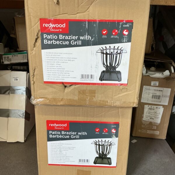 Redrow patio brazier with BBQ grill, outdoor garden heater.