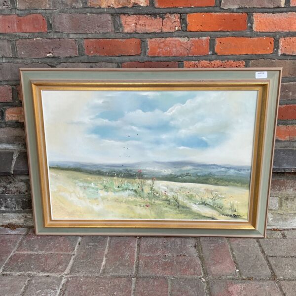 Patricia Marie landscape oil painting with wildflowers and rolling hills.