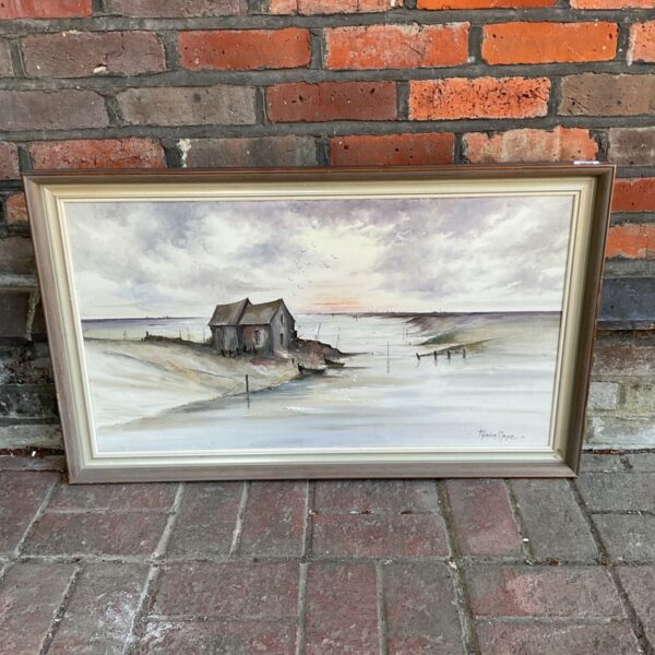 Patricia Mayne coastal oil painting of a boat house at low tide.