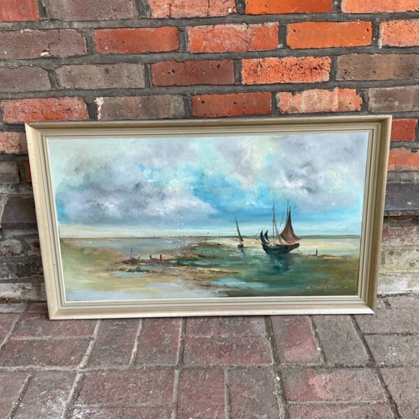 Patricia Mayne oil painting of fishing boats at low tide.