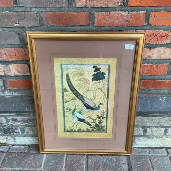 Vintage gilt framed oriental peacock print for wall decor.