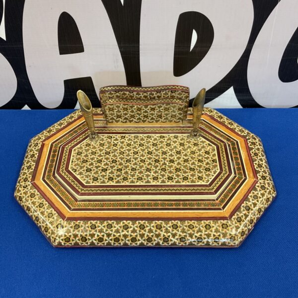Vintage Persian Khatamkari desk set with intricate inlaid patterns.