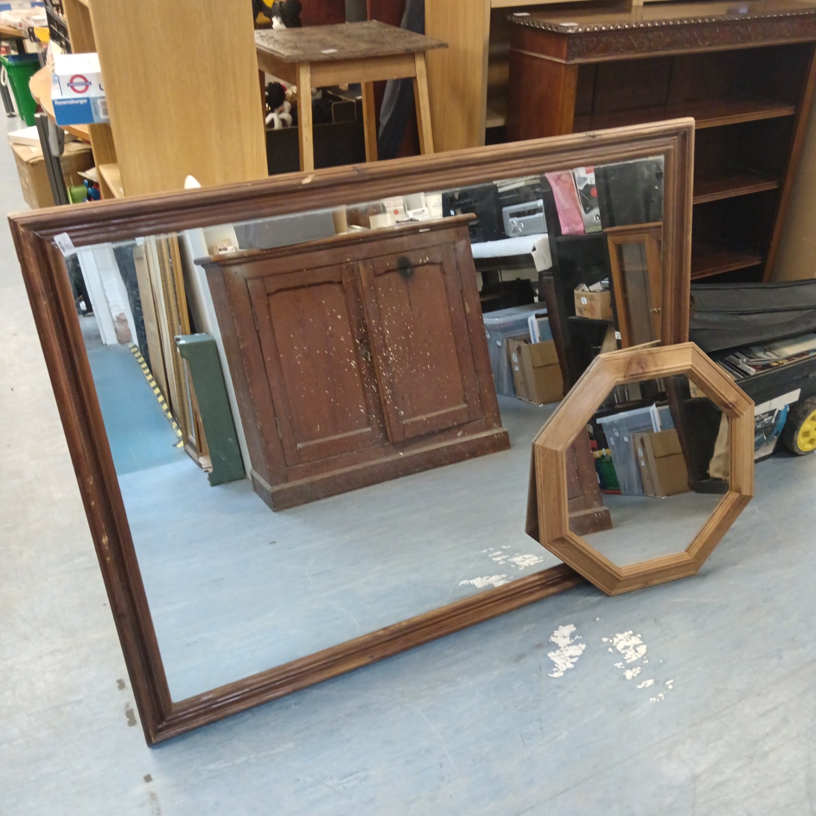 Pair of antique pine framed mirrors for rustic home decor.