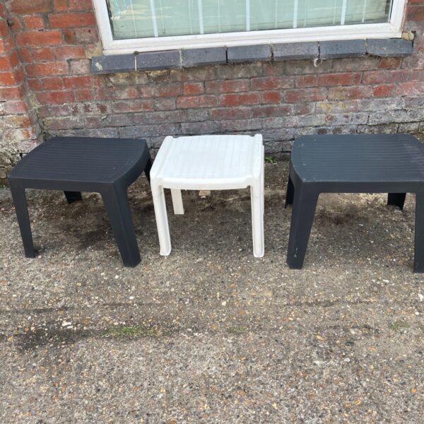 Lot of three vintage plastic stools for garden or indoor use.