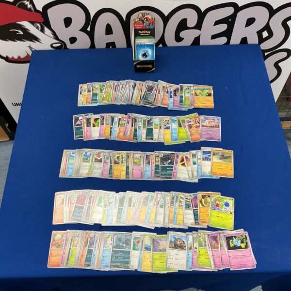 Pokémon trading card collection with Mega Evolution display stand.