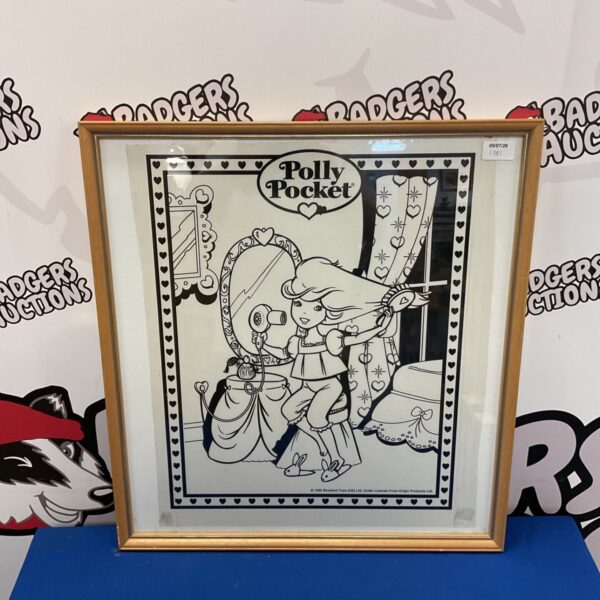 Framed vintage Polly Pocket animation cell, colourful character design.