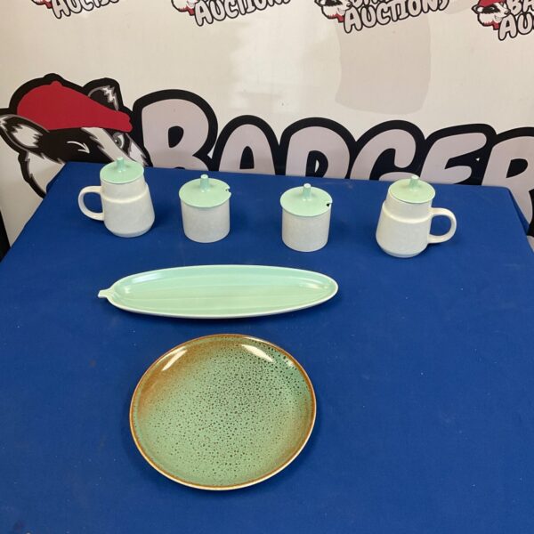Vintage Poole Pottery serving tray with speckled green glaze.