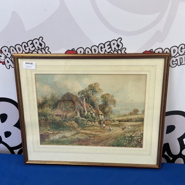 Original R Macauley watercolour painting of a thatched cottage.