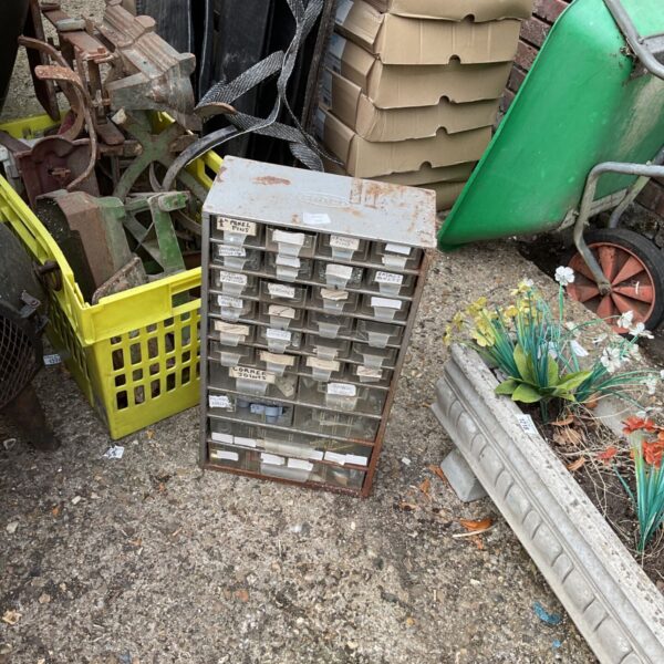 Vintage Raaco storage unit with drawers, ideal for workshop organization.