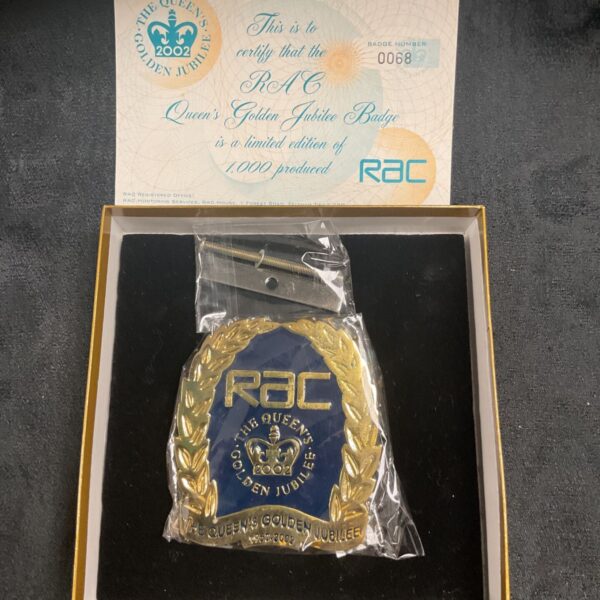 Limited edition RAC Golden Jubilee car badge number 068.