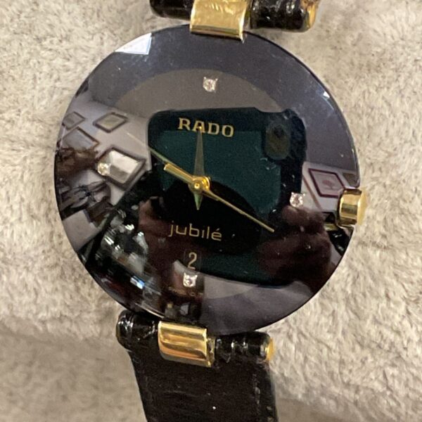 Close-up of a vintage Rado Jubilé ladies’ quartz wristwatch.