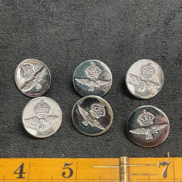 Six chrome RAF uniform buttons by Alkit, displaying the Royal Air Force emblem.