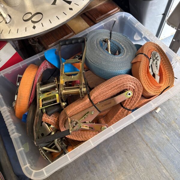 Lot of heavy duty ratchet straps for securing cargo.