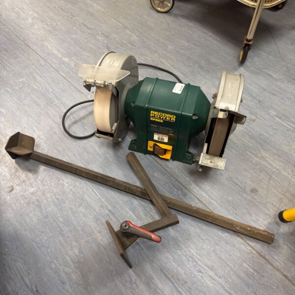 Record Power RPBG8 bench grinder with brackets for workshop use.