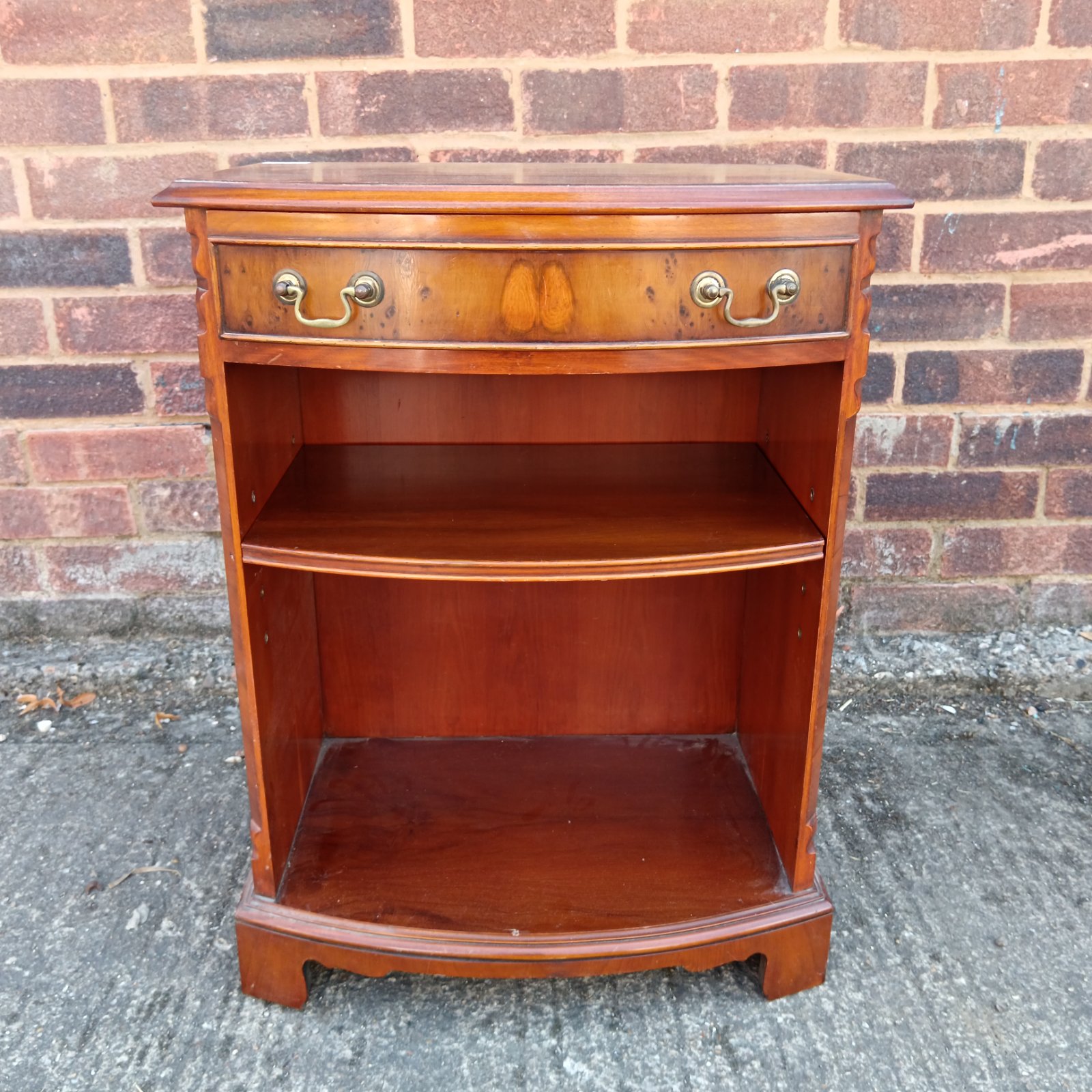 Reprodux yew wood bedside cabinet in Georgian style, showing drawer and shelf.