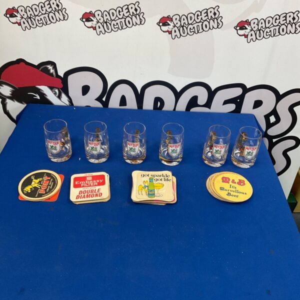Vintage Ritter beer glasses and beer mats, a collectable set.