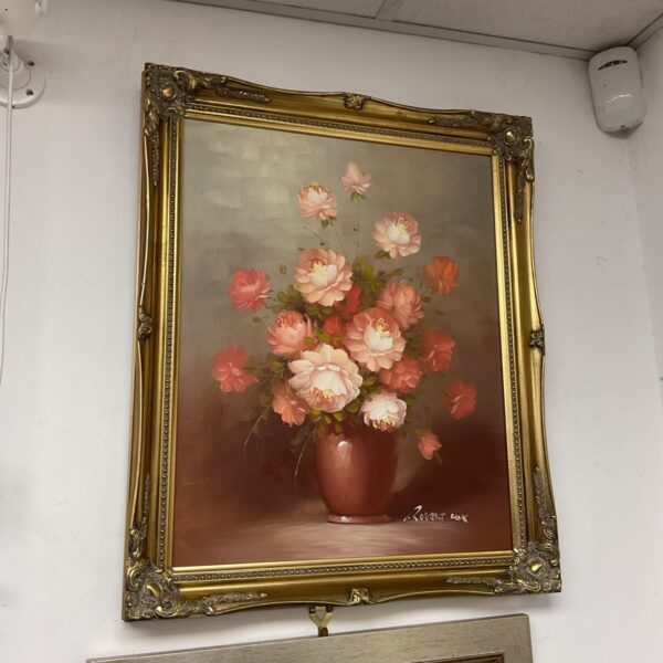 Vintage Robert Lox still life oil painting of roses in a vase.