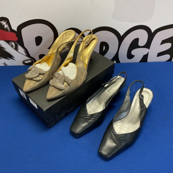 Bronze and navy slingback heels by Rodo and Van Dal.