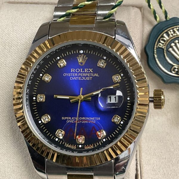 Rolex Datejust style quartz watch with blue diamond dial.