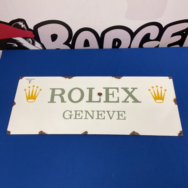 Vintage Rolex enamelled sign, 58cm x 23cm, advertising display.