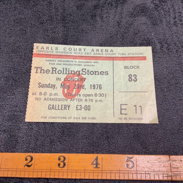 Vintage Rolling Stones concert ticket from 1976 Earls Court Arena.