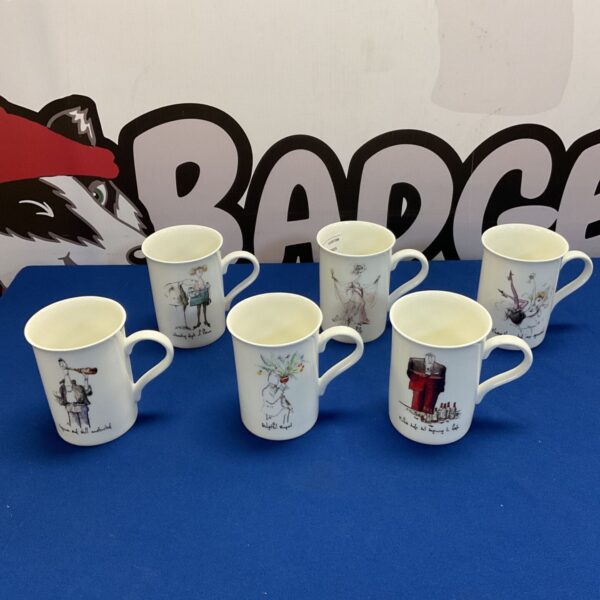 Set of six vintage Ronald Searle Winespeak mugs with humorous illustrations.