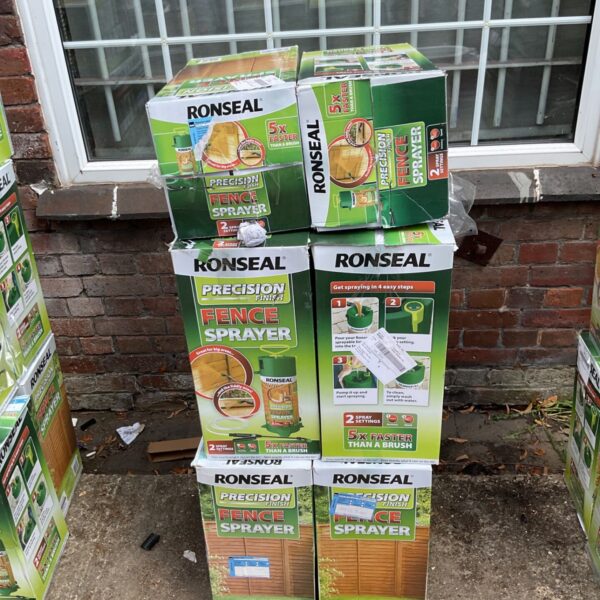 Stack of ten Ronseal fence sprayers from a B&Q returns pallet.