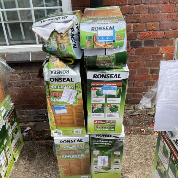 Stack of ten Ronseal fence sprayers from a B&Q returns pallet.
