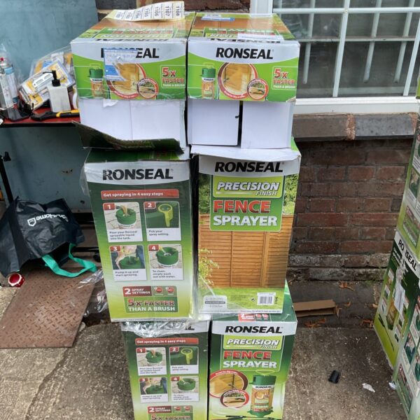 Stack of ten Ronseal fence sprayers from a B&Q returns pallet.