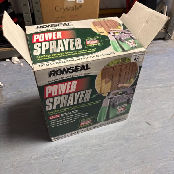 Stack of Ronseal Power Sprayer boxes for garden fence spraying.