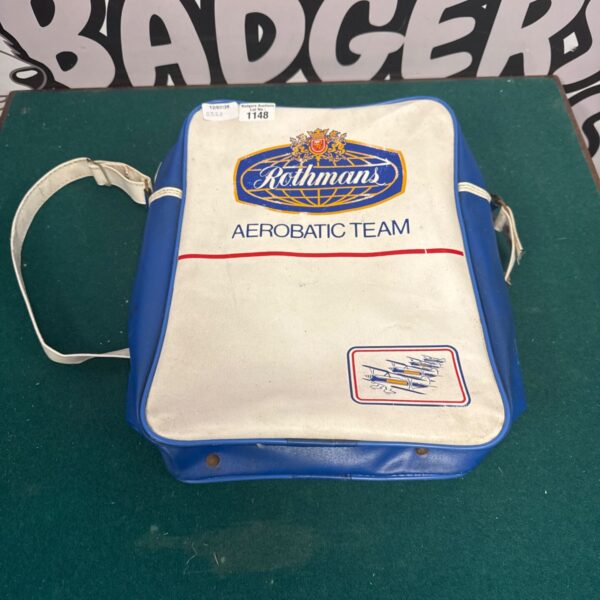 Vintage Rothmans Aerobatic Team leather satchel, side view.