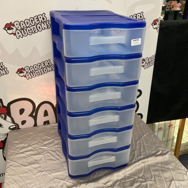 Clear plastic storage drawers, Rotho six drawer unit.