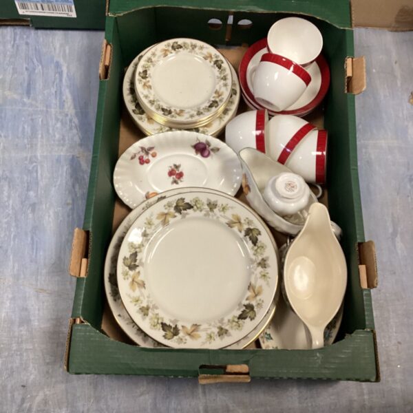 Tray of Royal Doulton Larchmont and Aynsley Madison vintage dinner service china.