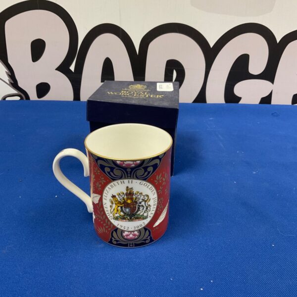 Royal Worcester Golden Jubilee commemorative porcelain mug in its box.