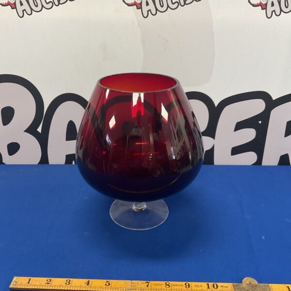 Vintage ruby red glass balloon vase, mid-century modern style.