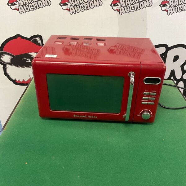 White Russel Hobbs microwave oven on a table.