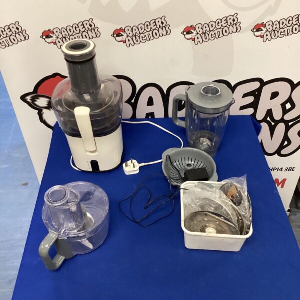 Russell Hobbs food processor with attachments for kitchen use.