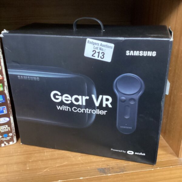 Samsung Gear VR headset with controller, showing the device's design.