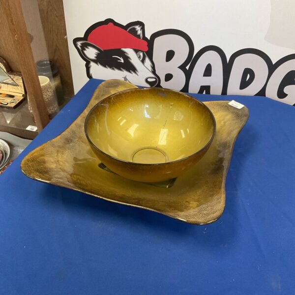Amber sculptured glass bowl, a beautiful art glass centerpiece.