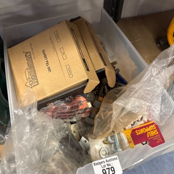 Box of assorted shed clearance items with various tools and hardware.
