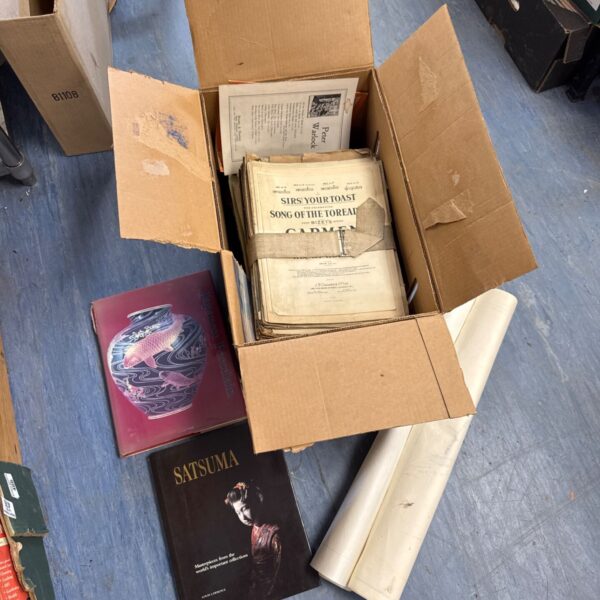 Vintage sheet music and Japanese pottery books in a lot.