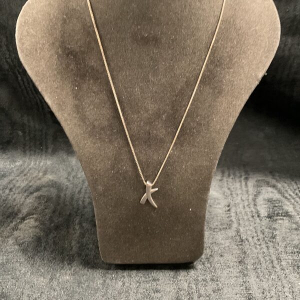 Delicate silver pendant necklace on display.
