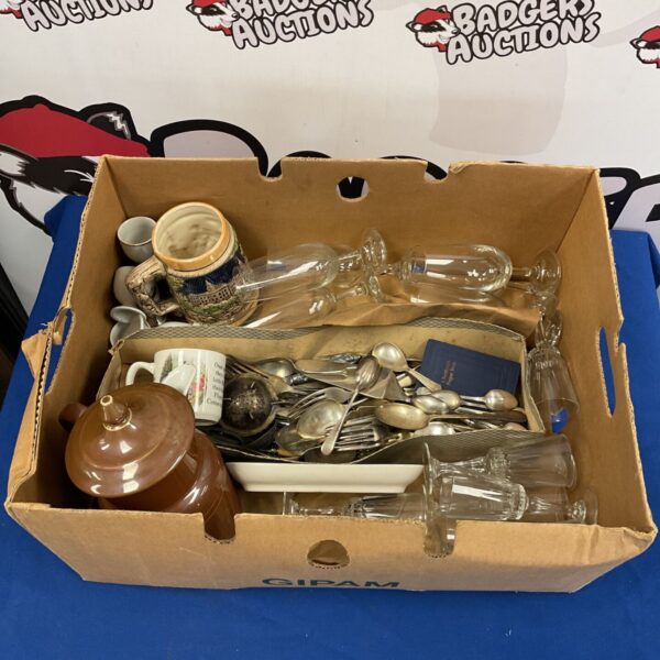 Mixed lot of silver plate cutlery, wine glasses and Royal Worcester jug.