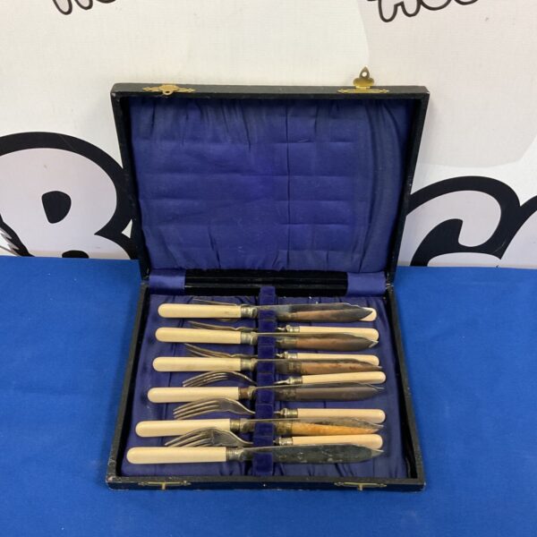 Vintage silver plate fish cutlery set with bone handles.
