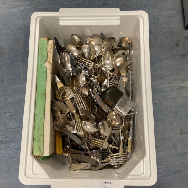 Large quantity of silver plated cutlery in a plastic container.
