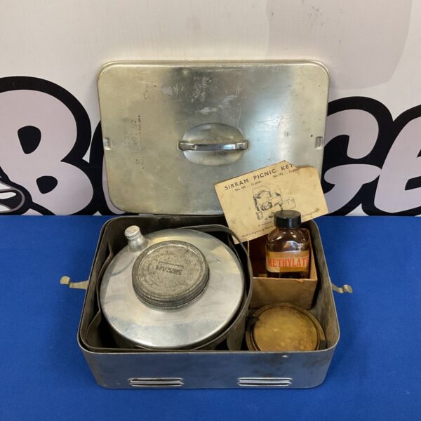 Vintage Sirram picnic kettle set with enamel cup and spirit burner.