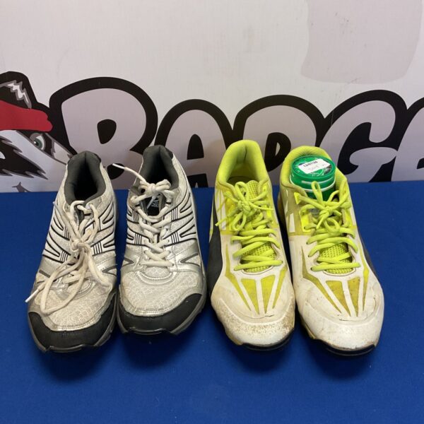 White and grey Slazenger cricket shoes size 8.5, showing wear.