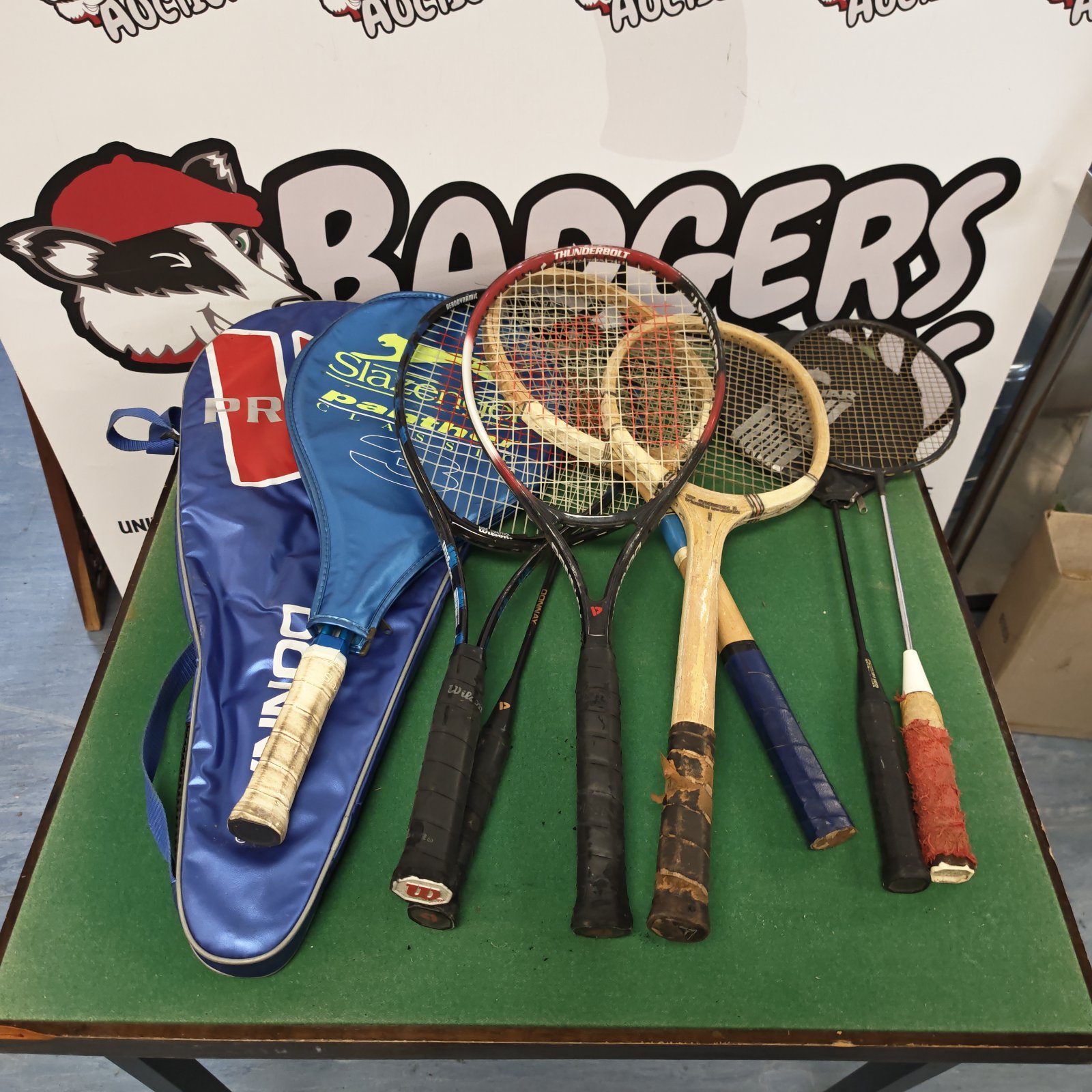 Vintage Slazenger tennis and Jaguar badminton racket bundle for collectors.