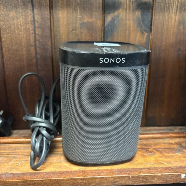Black Sonos Play 1 smart speaker for wireless home audio.
